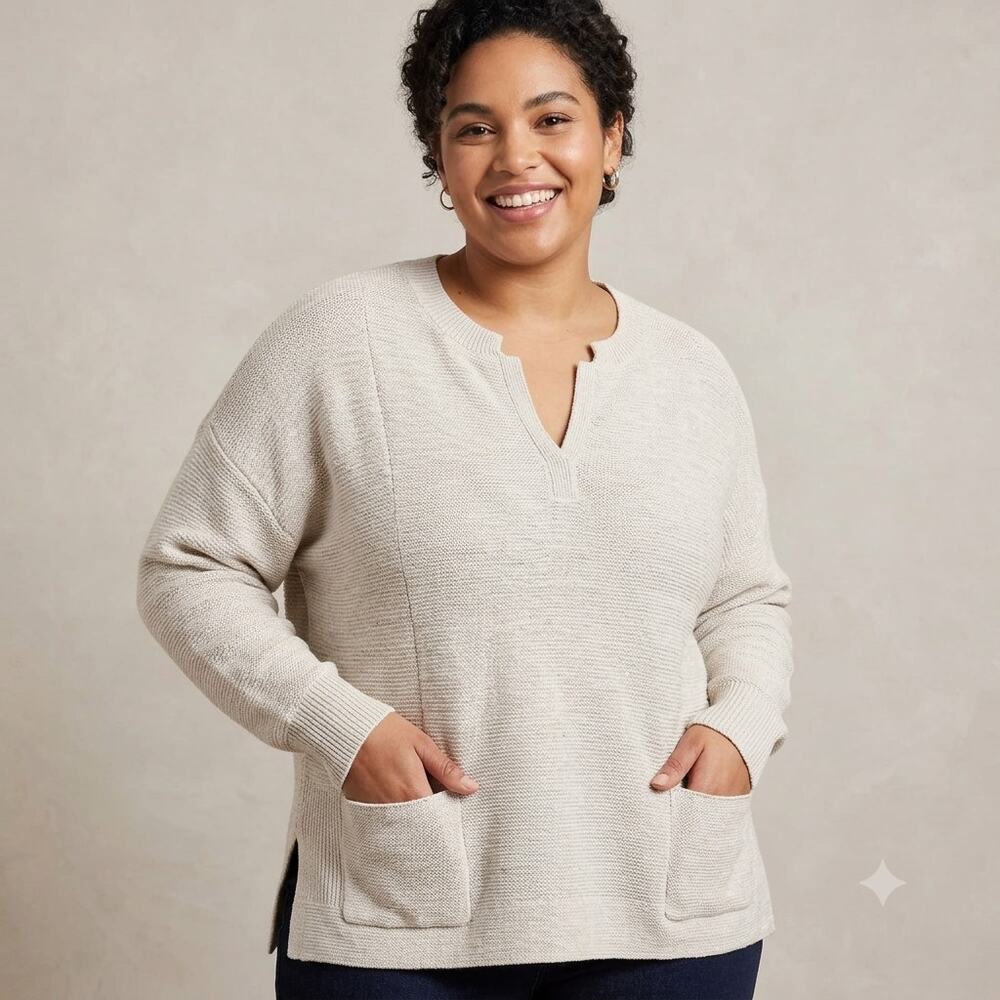 Poetry Cotton Wool Knit Pullover Sweater Oatmeal Beige Split Hem Size 18 NWT